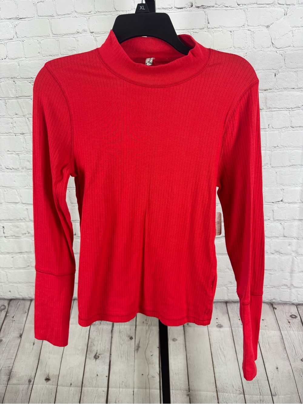NWT Free People The Rickie Ribbed Mock Neck Top Cherry Crush Large